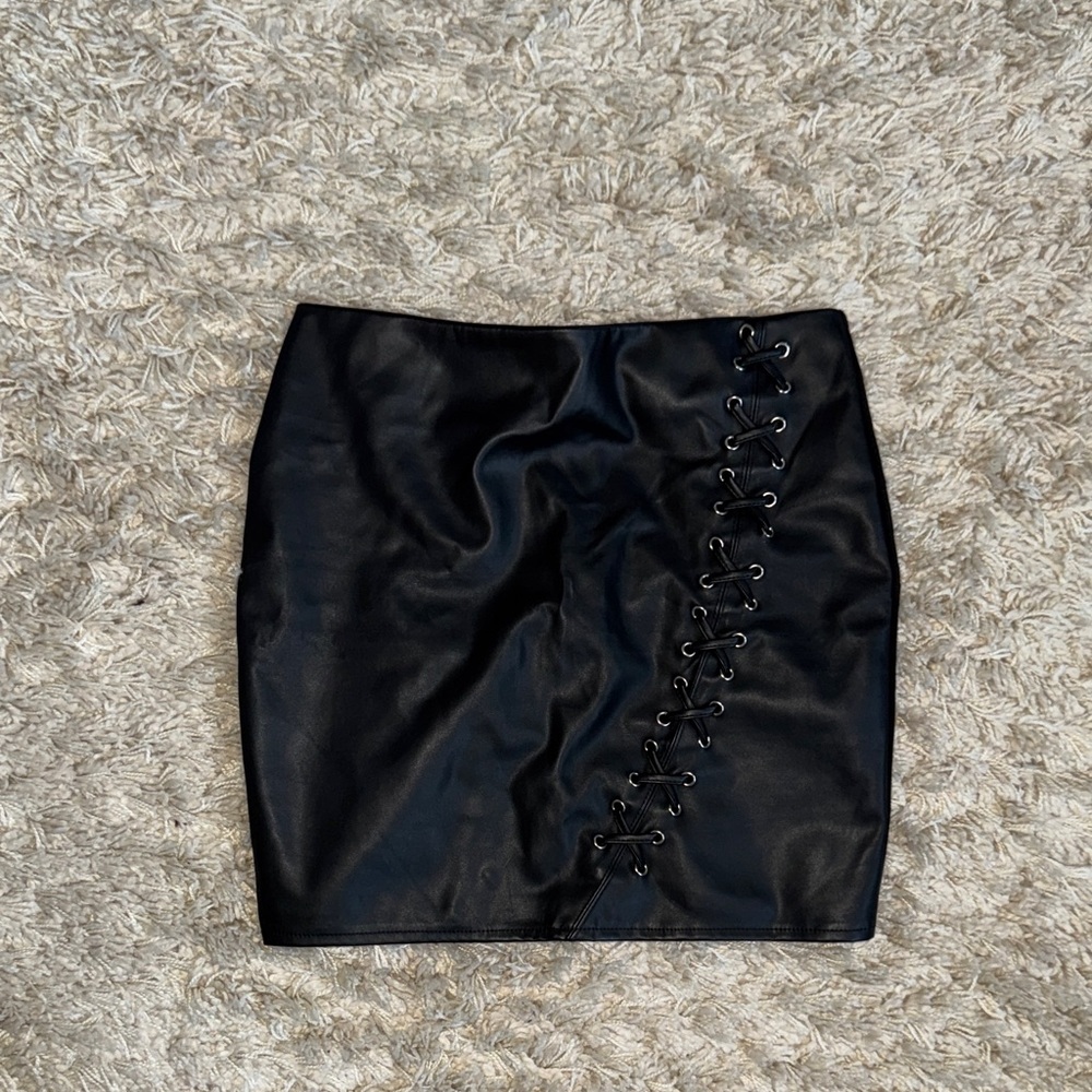 Black Lace-Up Pleather Skirt